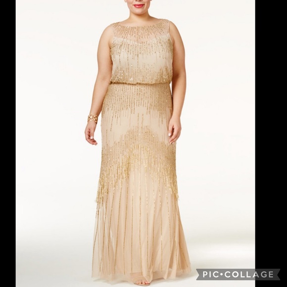 Adrianna papell Champagne/gold fully beaded sheer neckline and fringes gown - Picture 3 of 11